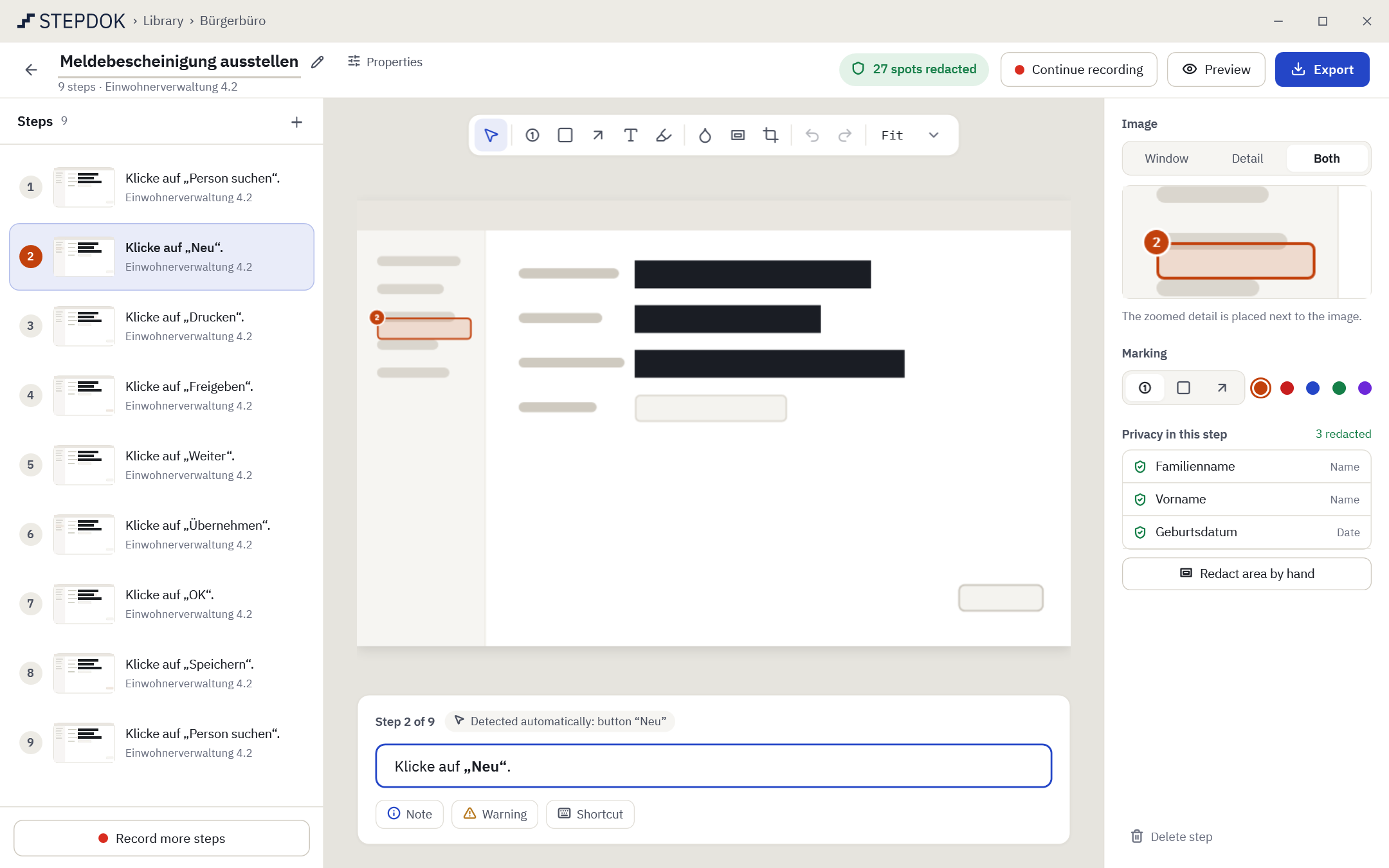 The editor: list of steps, image with an orange number marker and redacted fields, below it the step card “Step 2 of 9” with the generated text.