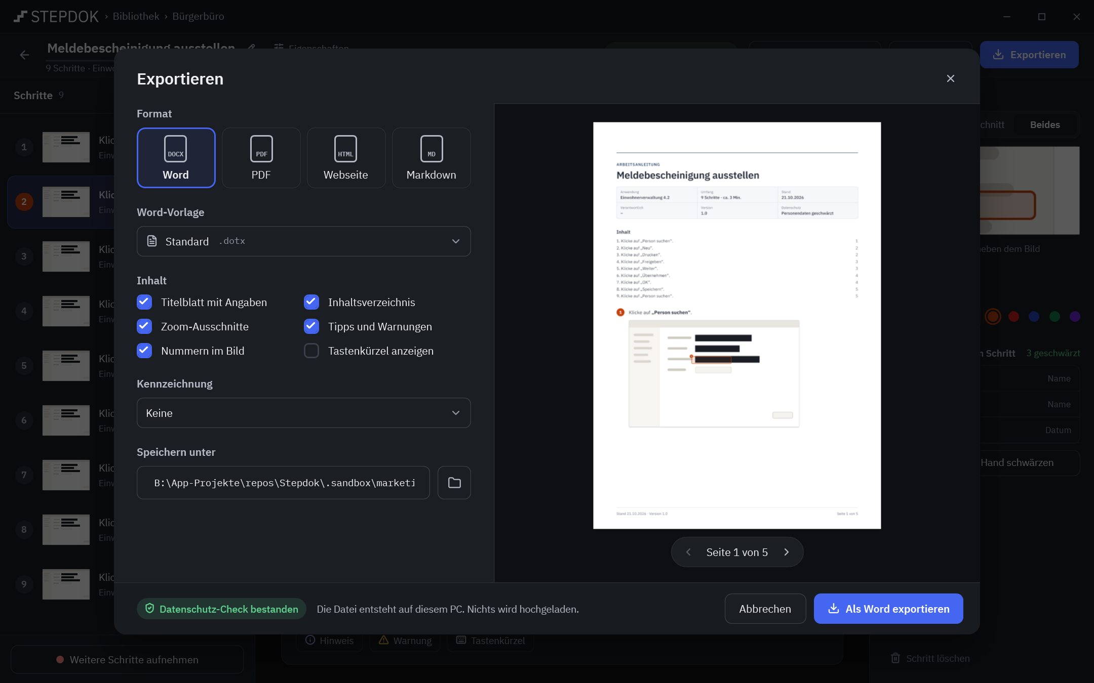 Dialog „Exportieren“ mit den Formaten Word, PDF, HTML und Markdown, Inhaltsschaltern und einer Live-Vorschau der ersten Seite.
