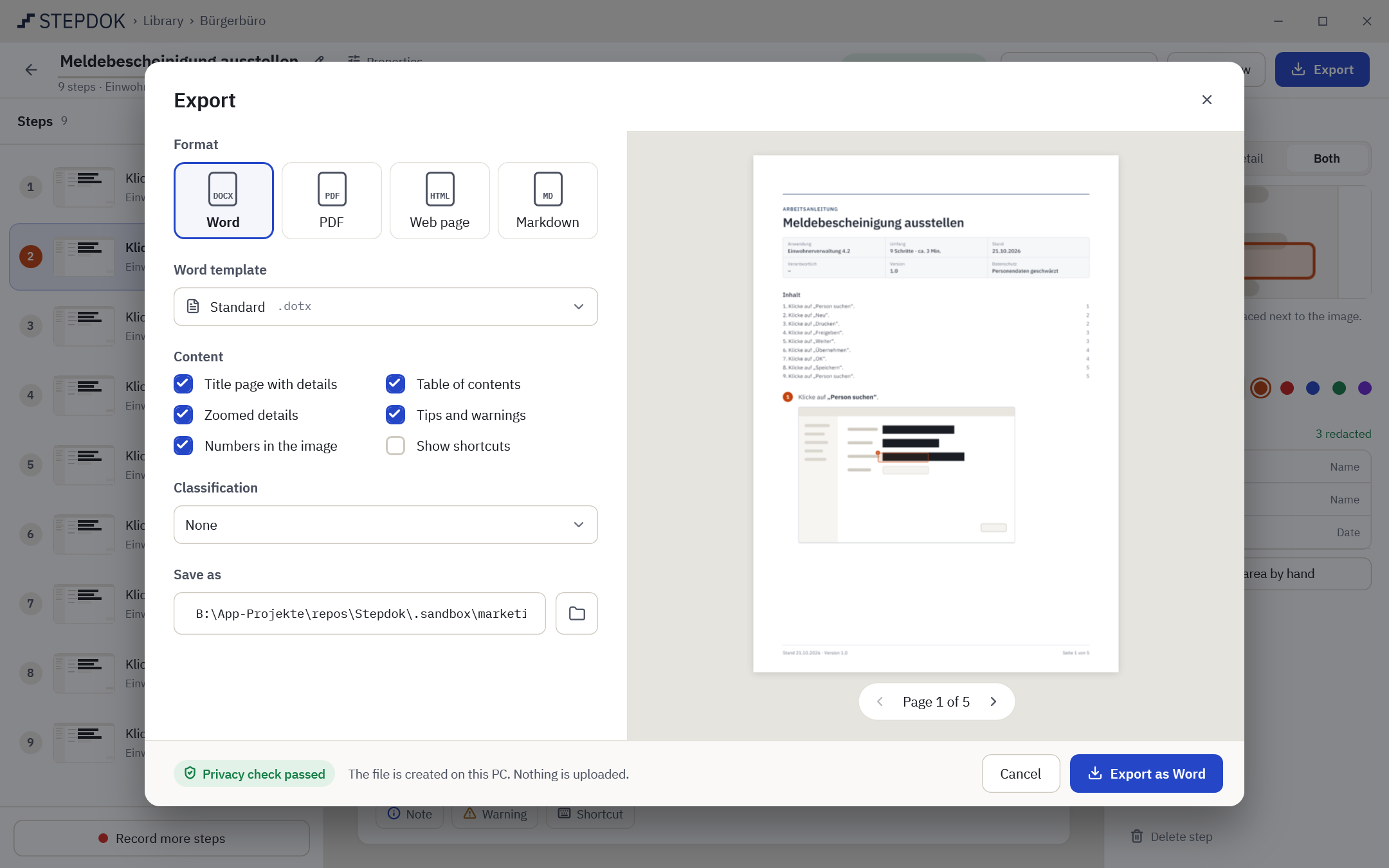 The “Export” dialog with the formats Word, PDF, HTML and Markdown, content switches and a live preview of the first page.
