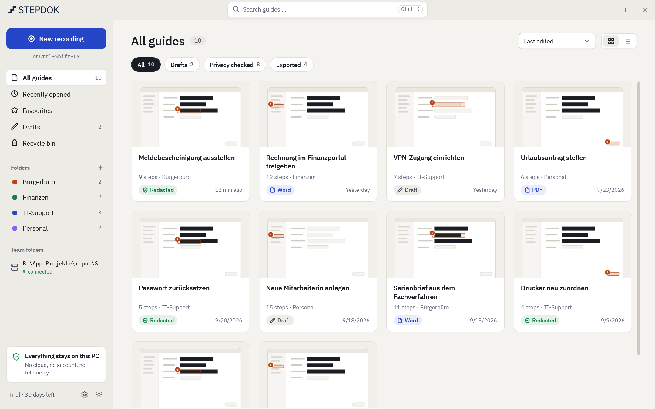 The stepdok library: sidebar with “New recording”, sections, folders and a team folder; on the right tiles of guides with statuses such as “Redacted”, “Draft”, “Word” and “PDF”.