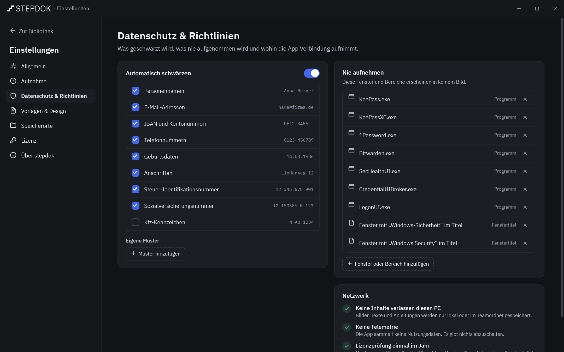 Einstellungen „Datenschutz & Richtlinien“: Hinweis auf Gruppenrichtlinien, automatisches Schwärzen mit Kategorien und Schlössern, Liste „Nie aufnehmen“ und die festen Aussagen zum Netzwerk.