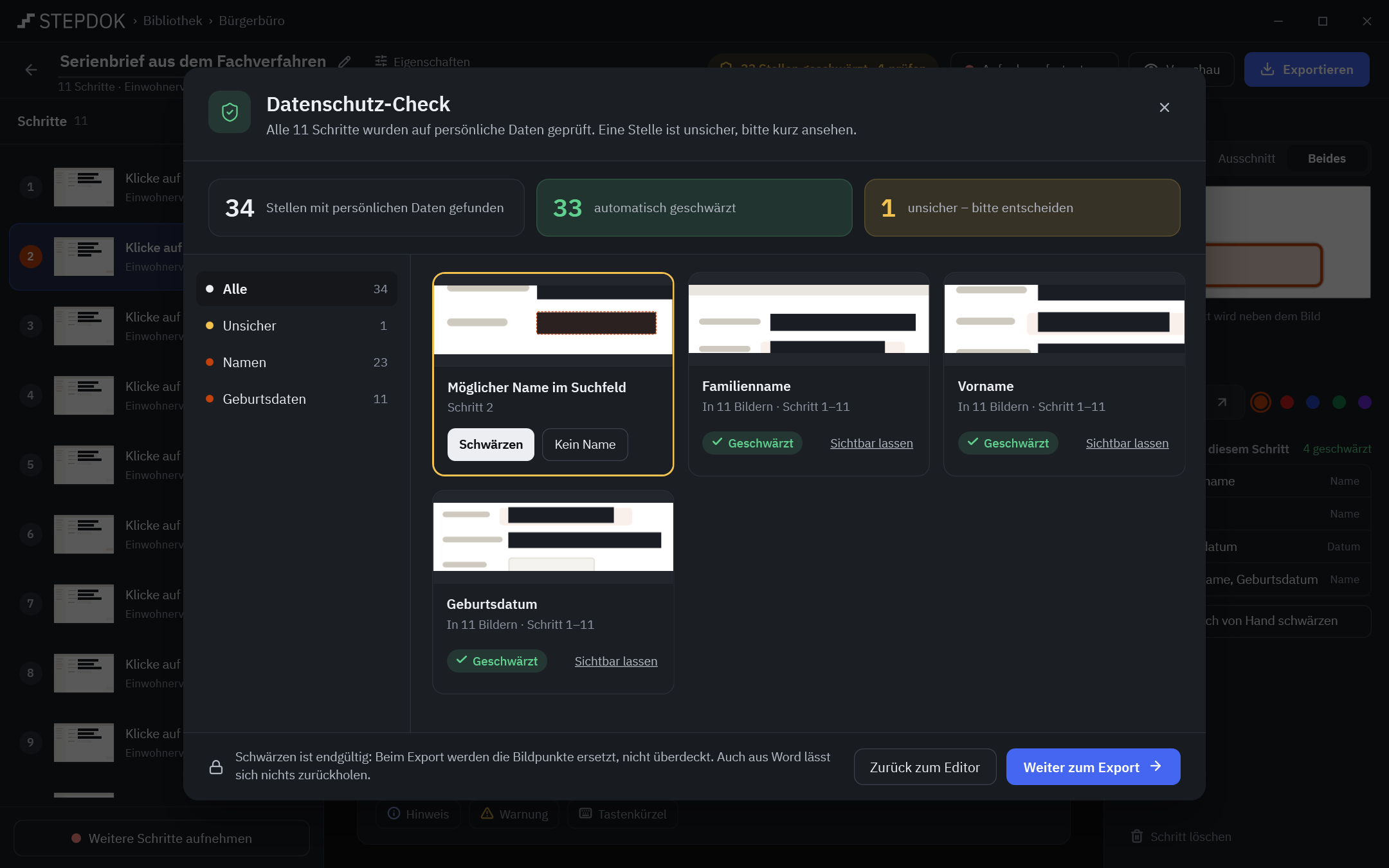 Der Datenschutz-Check: Zusammenfassung „gefunden / automatisch geschwärzt / unsicher“, Filter nach Kategorien und Fundstellen mit Vorschau und den Knöpfen „Geschwärzt“ und „Sichtbar lassen“.