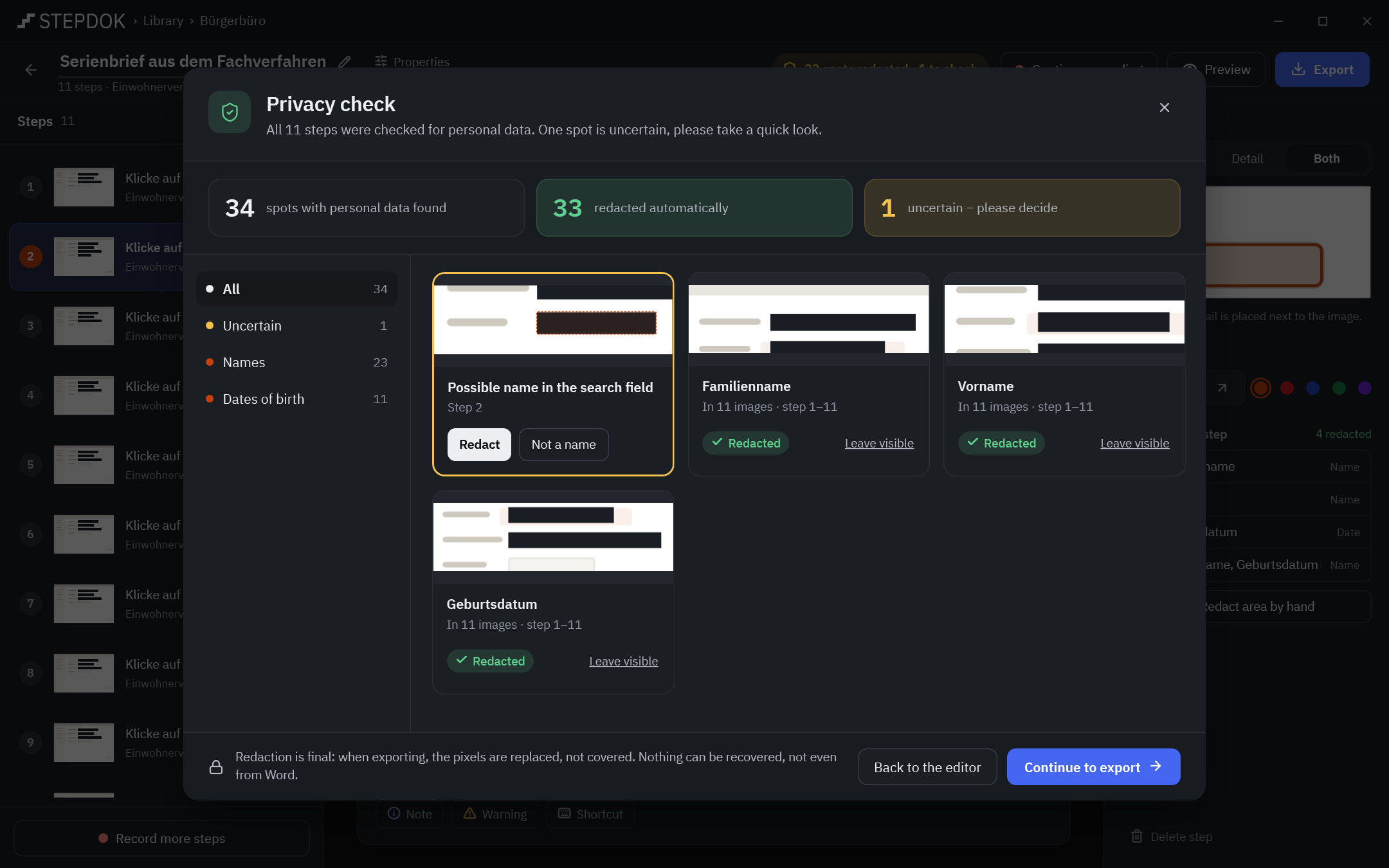 The privacy check: summary “found / redacted automatically / uncertain”, filters by category and findings with preview and the buttons “Redacted” and “Keep visible”.