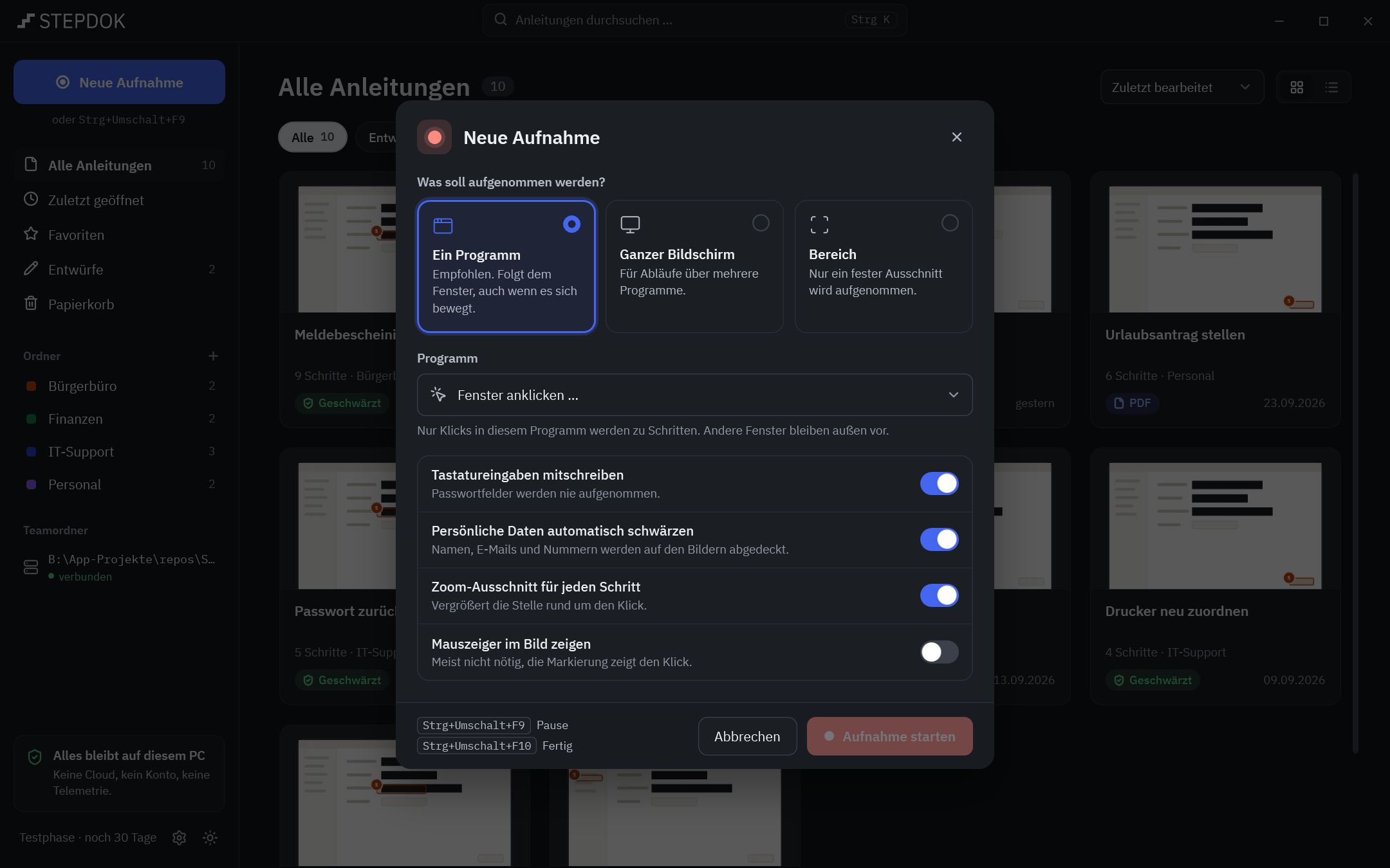Dialog „Neue Aufnahme“: Auswahl zwischen „Ein Programm“, „Ganzer Bildschirm“ und „Bereich“, darunter Schalter für Tastatureingaben, automatisches Schwärzen, Zoom-Ausschnitt und Mauszeiger.