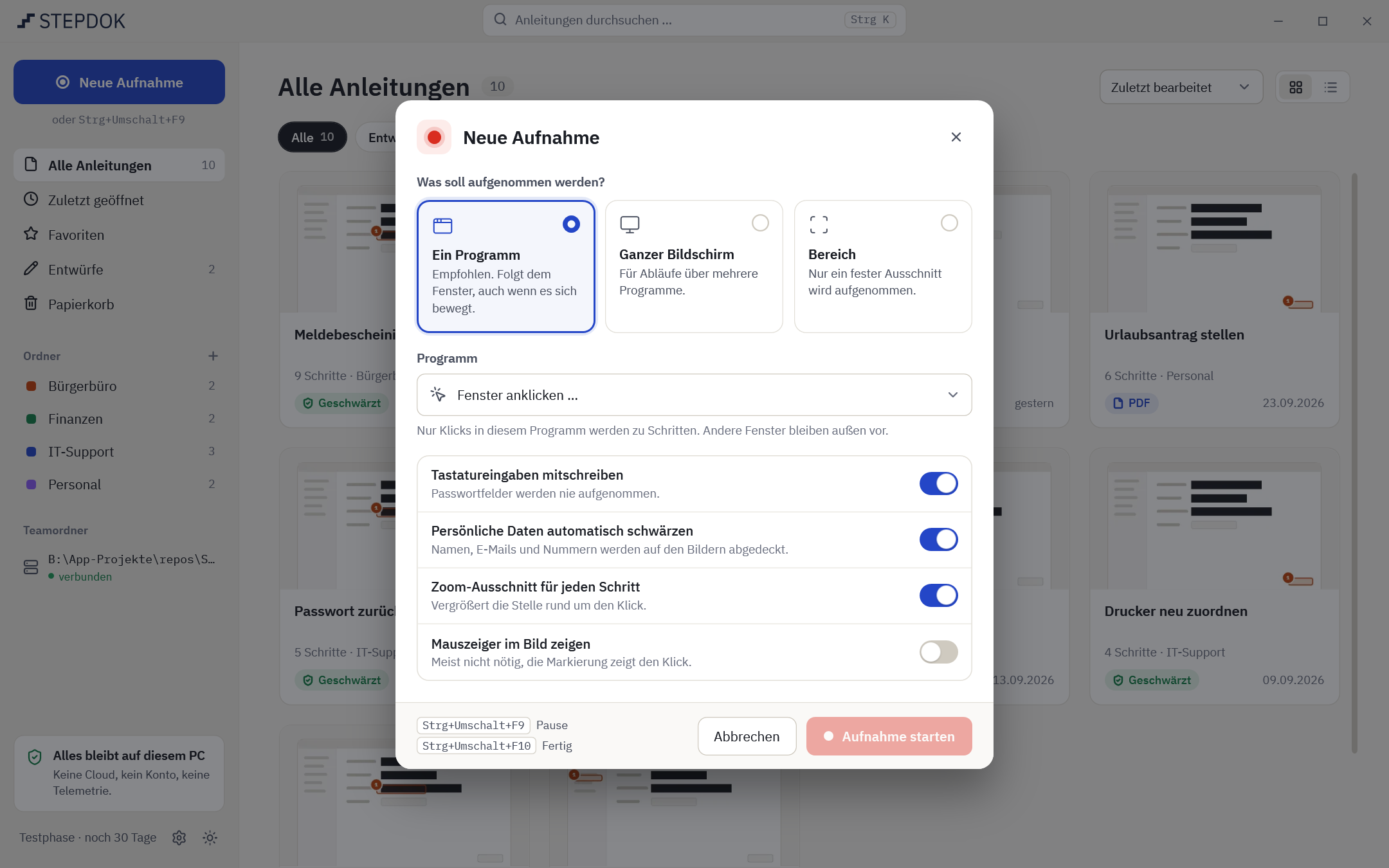Dialog „Neue Aufnahme“: Auswahl zwischen „Ein Programm“, „Ganzer Bildschirm“ und „Bereich“, darunter Schalter für Tastatureingaben, automatisches Schwärzen, Zoom-Ausschnitt und Mauszeiger.