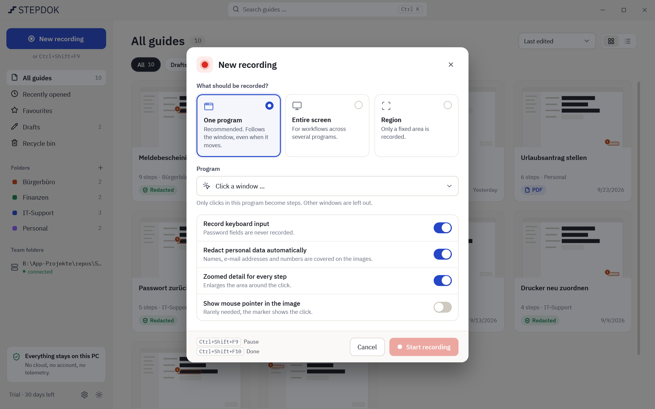 The “New recording” dialog: choose between “A program”, “Whole screen” and “Region”, below that switches for keyboard input, automatic redaction, zoom detail and mouse pointer.