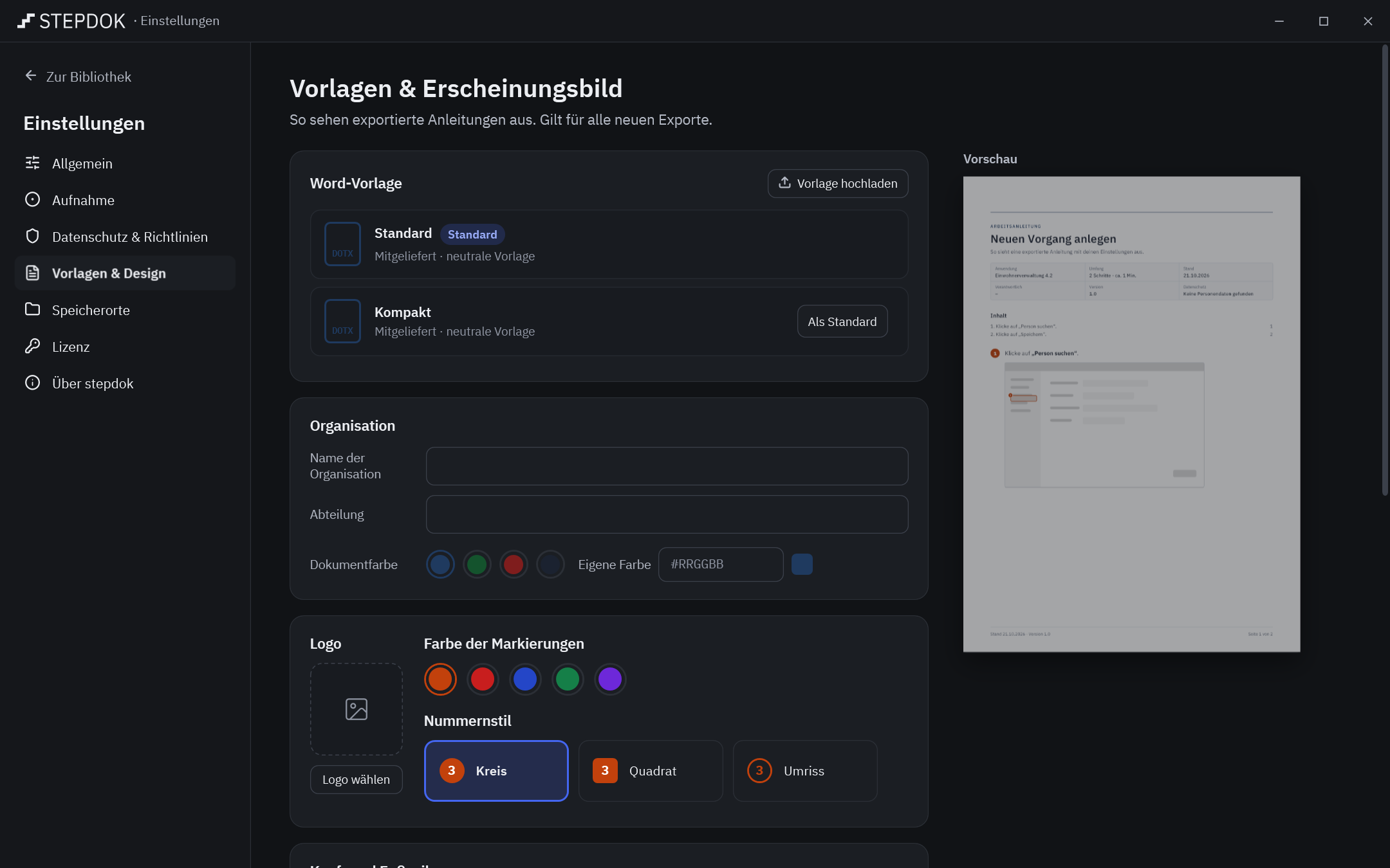 Einstellungen „Vorlagen & Erscheinungsbild“: Word-Vorlage, Organisation, Dokumentfarbe, Logo, Markierungsfarbe, Kopf- und Fußzeile, Kennzeichnung und eine Live-Vorschau der Dokumentseite.