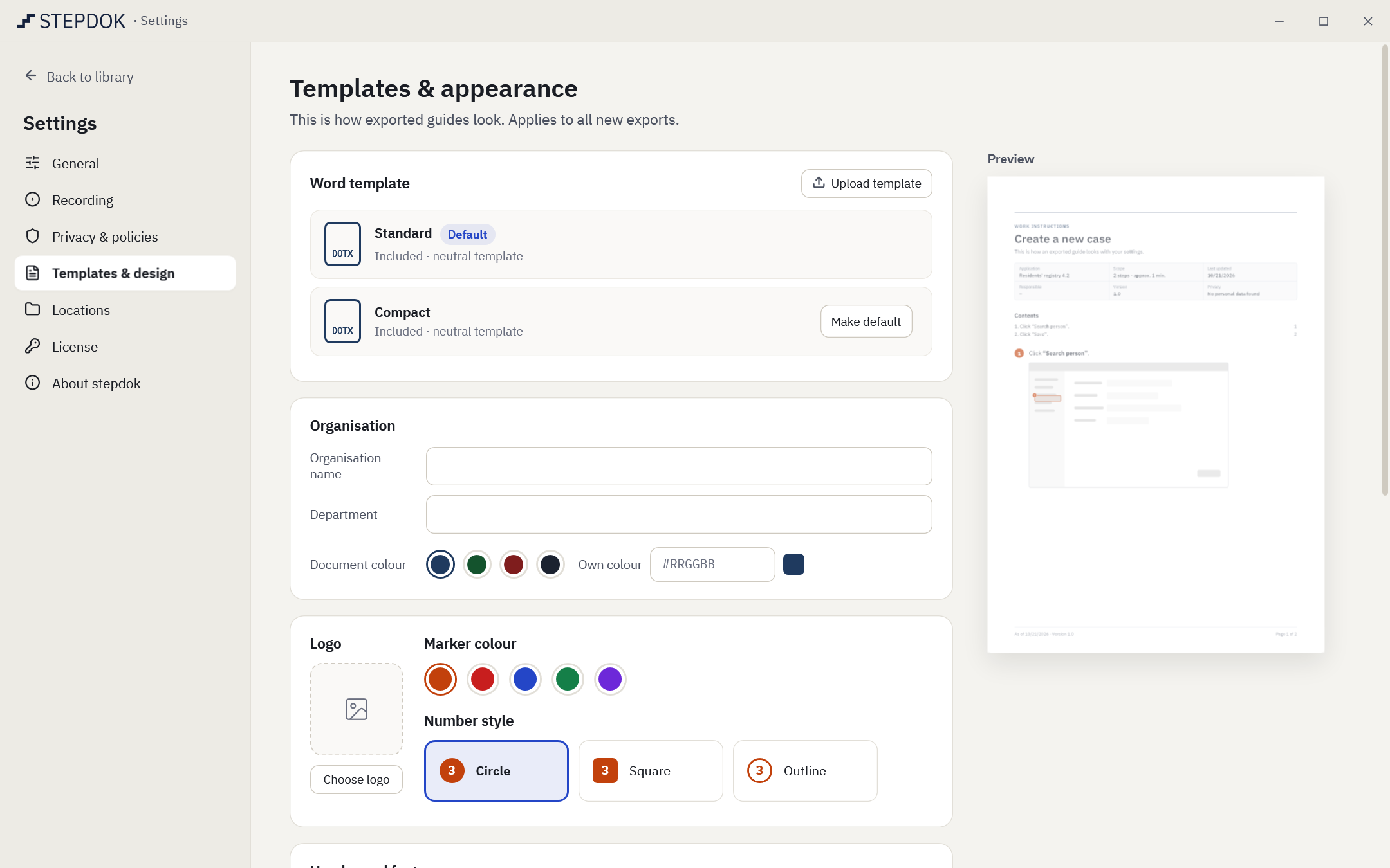 Settings “Templates & appearance”: Word template, organisation, document colour, logo, marker colour, header and footer, classification and a live preview of the document page.
